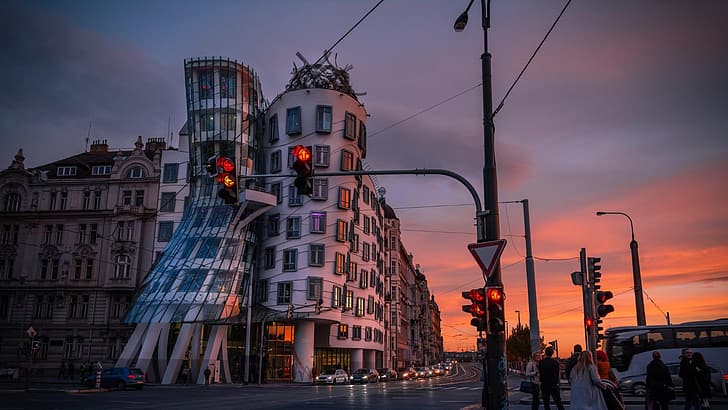 road, auto, the sky, street, the evening, Prague, Czech Republic, the dancing house, HD wallpaper