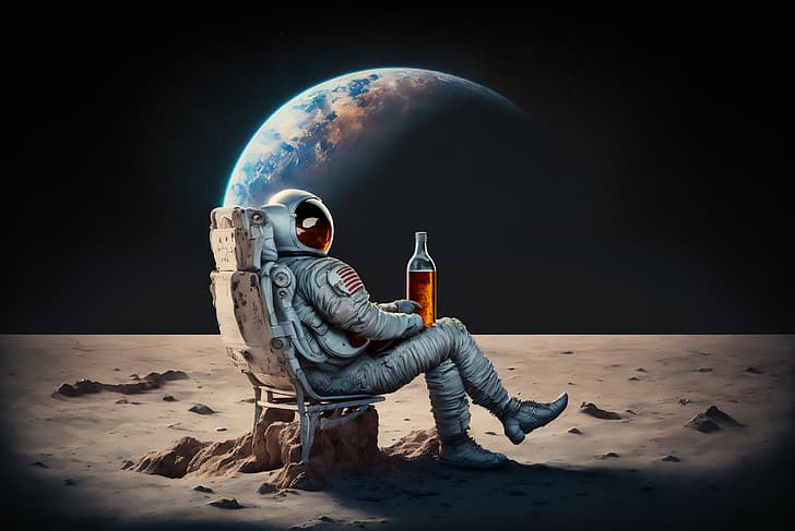 Arte AI, astronauta, tuta spaziale, Luna, birra, Chill Out, spazio, Sfondo HD