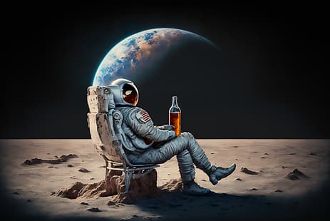 Arte AI, astronauta, traje espacial, Lua, cerveja, Chill Out, espaço, HD papel de parede HD wallpaper