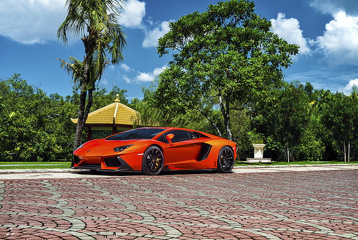 Lamborghini, Orange, Front, Vorsteiner, Colored, Supercar, Exotic, Zaragoza, Aventador-V, LP740-4, Brightly, HD wallpaper