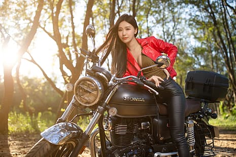  women, model, Asian, brunette, jacket, leather jacket, leather leggings, motorcycle, women with motorcycles, Honda, outdoors, women outdoors, HD wallpaper HD wallpaper