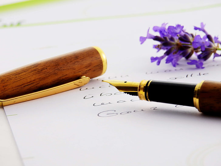 scrivania, fiori, penna stilografica, carta, penna, scrittura, Sfondo HD