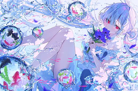  anime girls, underwater, red eyes, looking at viewer, blue hair, expressionless, purple flowers, bubbles, bare shoulders, choker, white dress, closed mouth, water drops, long hair, water, fish, dress, koi, koi fish, frills, twintails, flowers, Harui, silver hair, HD wallpaper HD wallpaper