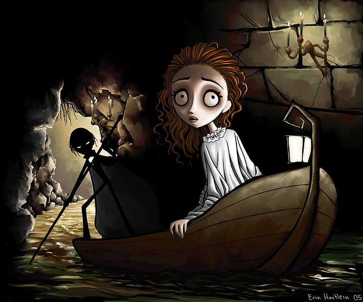 امرأة على متن قارب داخل كهف مظلم بالقرب من رجل يحمل عمودًا ، فانتوم الأوبرا ، تيم بيرتون ، عمل فني، خلفية HD