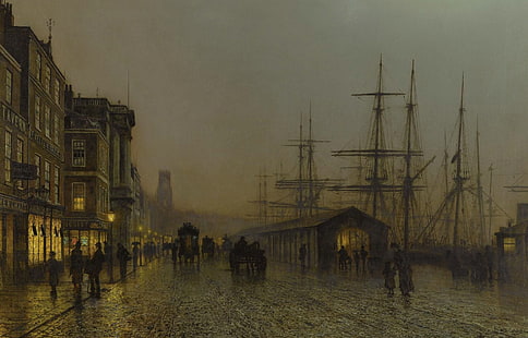 Schiff, Bild, Mast, Promenade, die Stadtlandschaft, John Atkinson Grimshaw, Glasgow.Samstag Nacht, HD-Hintergrundbild HD wallpaper