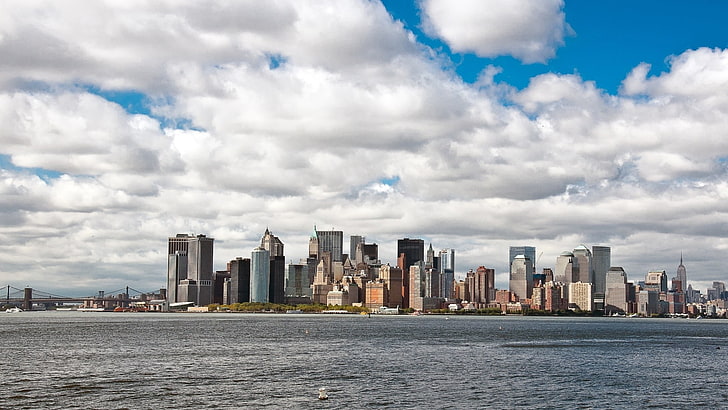 градски пейзаж, град, архитектура, сграда, облаци, вода, мост, Ню Йорк, САЩ, небостъргач, HD тапет