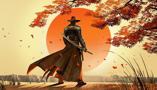 samurai, Baja Merah 2, Baja Merah, karya seni, seni fantasi, koboi, Jepang, video game, Wallpaper HD HD wallpaper