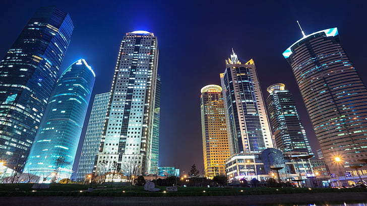 dubai, low angle view, low angle, low angle photography, city lights, united arab emirates, uae, HD wallpaper