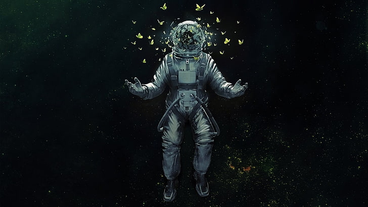 astronautillustration, astronaut, fjäril, rymd, stjärnor, brutet glas, HD tapet