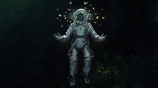 ilustração de astronauta, astronauta, borboleta, espaço, estrelas, vidro quebrado, HD papel de parede HD wallpaper
