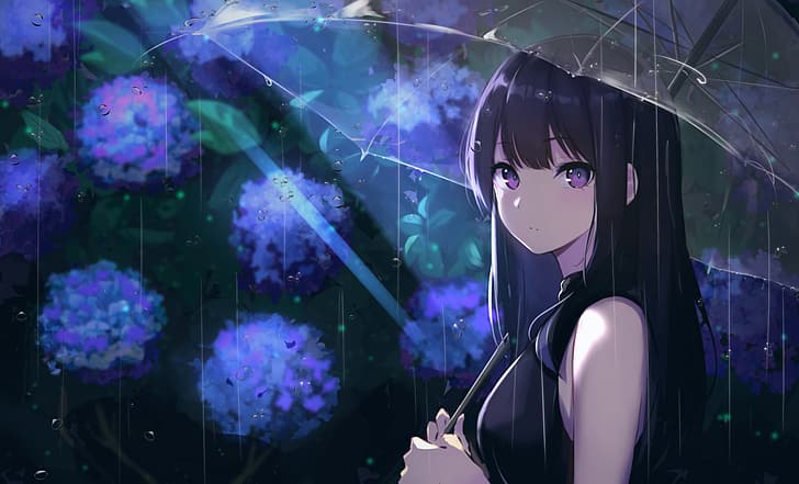 anime girls, rain, umbrella, bangs, long hair, dark hair, purple eyes, HD wallpaper