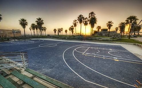 matahari terbenam, california, bola basket, CA, usa, Los Angeles, Venice Beach, Wallpaper HD HD wallpaper