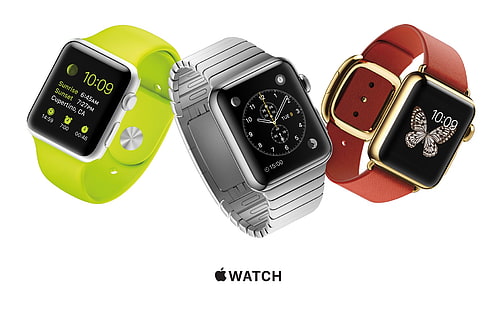 Tapeta Apple Watch Theme HD Desktop, trzy srebrno-aluminiowe zegarki Apple Watch z różnymi kolorami pasków sportowych, Tapety HD HD wallpaper