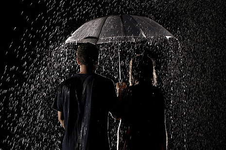 비 우산 커플, 남자와 여자의 검은 상판의 쌍, 사랑, 비, 밤, 어둠, 커플, 우산, HD 배경 화면 HD wallpaper