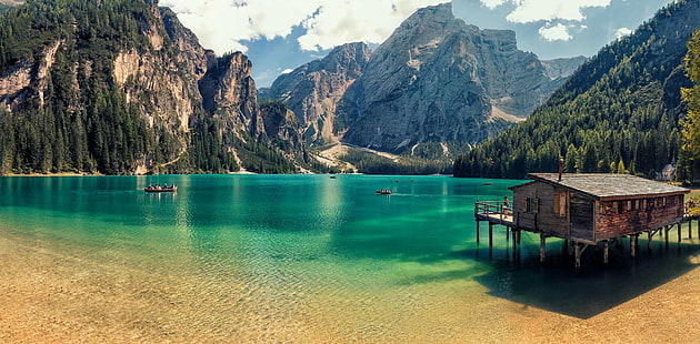 фотография, природа, пейзаж, горы, озеро, деревья, лес, вода, HD обои HD wallpaper