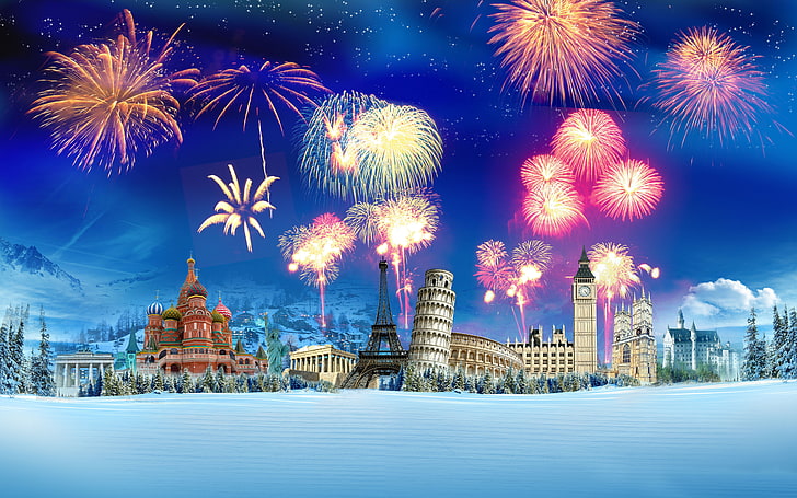 Happy New Year-Celebration of the New Year-landmarks of the most famous cities around the world-fireworks-Desktop Wallpaper HD-6000x 3750, HD wallpaper