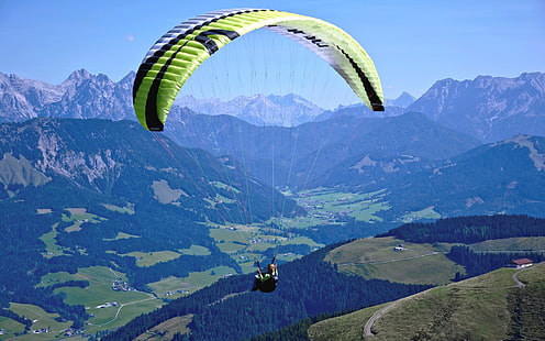 Parapente na Áustria, Áustria, vale, montanhas, parapente, HD papel de parede HD wallpaper