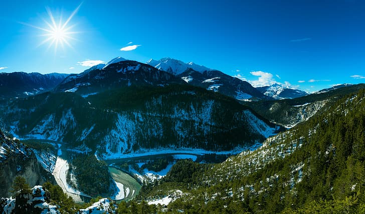 ดวงอาทิตย์ หิมะ ภูเขา เนินเขา สวิตเซอร์แลนด์ เทือกเขาแอลป์ หุบเขา Ruinaulta, วอลล์เปเปอร์ HD