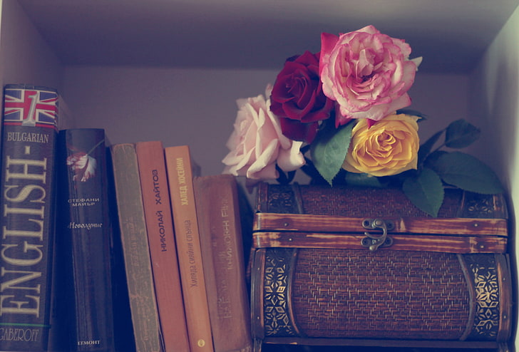 quatre fleurs et livres de couleurs assorties, fleurs, livres, roses, boîte, Fond d'écran HD
