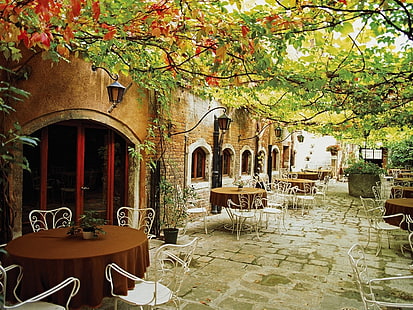 tables de patio marron avec chaises, café, automne, tables basses, nuit, Fond d'écran HD HD wallpaper