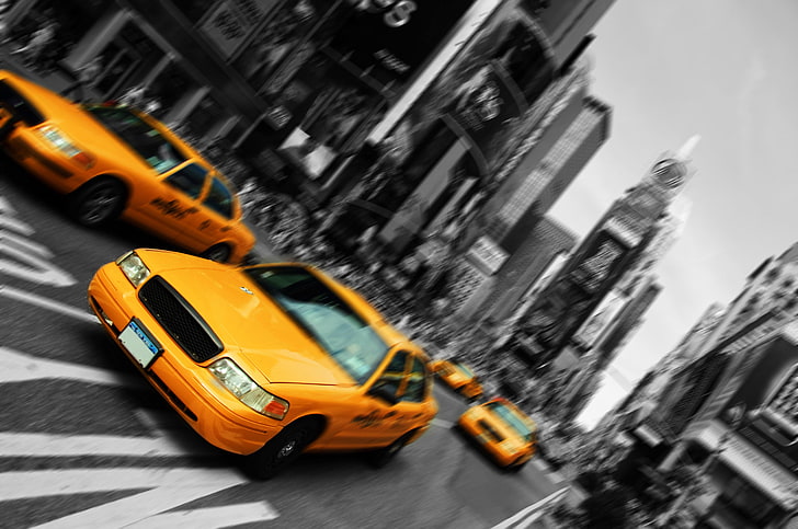 黄色のフォードクラウンビクトリアセダン、道路、ニューヨーク、タクシー、ニューヨーク、 HDデスクトップの壁紙