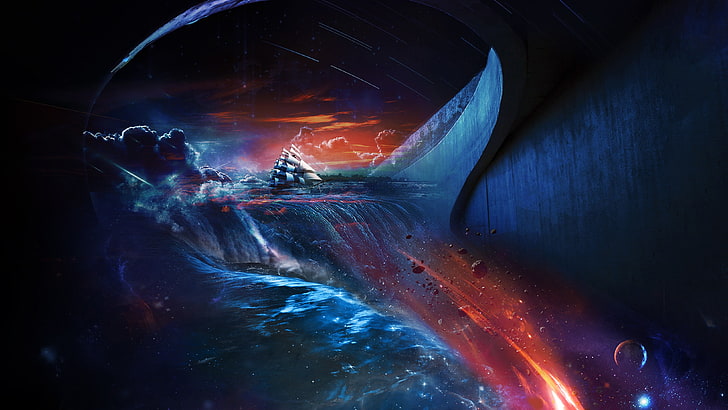 air terjun wallpaper digital, seni fantasi, kapal, air terjun, luar angkasa, biru, merah, Wallpaper HD