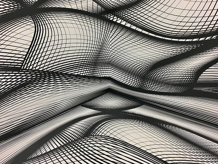 papier peint illusion gris et noir, plexus, monochrome, lignes, ondulé, formes, Fond d'écran HD