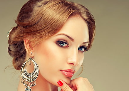 лицо, женщины, губы, украшения, голубые глаза, рыжая, брюнетка, HD обои HD wallpaper