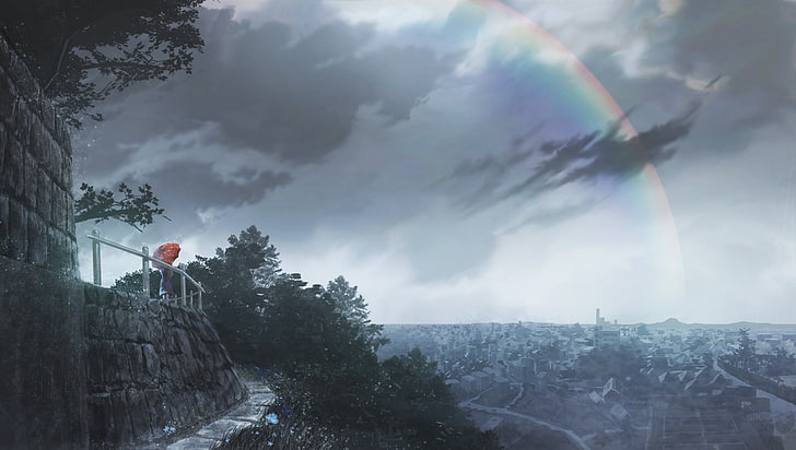 anime landscape, rainbow, raining, cityscape, dark clouds, sky, Anime, HD wallpaper