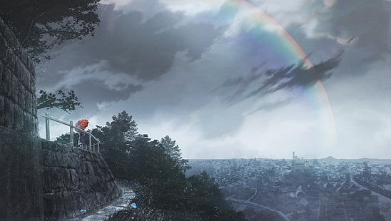 аниме пейзаж, радуга, дождь, городской пейзаж, темные облака, небо, аниме, HD обои HD wallpaper
