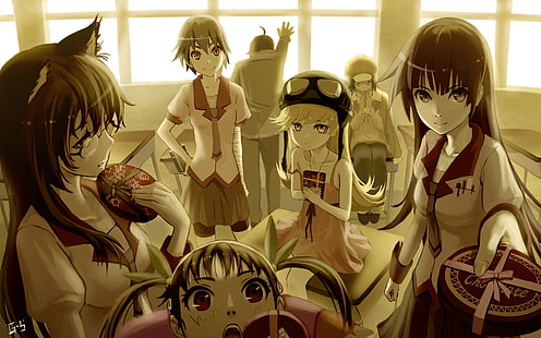 screenshot del personaggio anime, anime, serie Monogatari, Araragi Koyomi, Senjougahara Hitagi, Oshino Shinobu, Hanekawa Tsubasa, Hachikuji Mayoi, Kanbaru Suruga, Sengoku Nadeko, Sfondo HD HD wallpaper