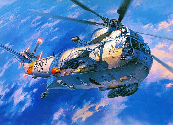 arte, elicottero, Sikorsky, blu marino, mare, trasporto, antisommergibile, USA., re, S-61-SH-3, Sfondo HD