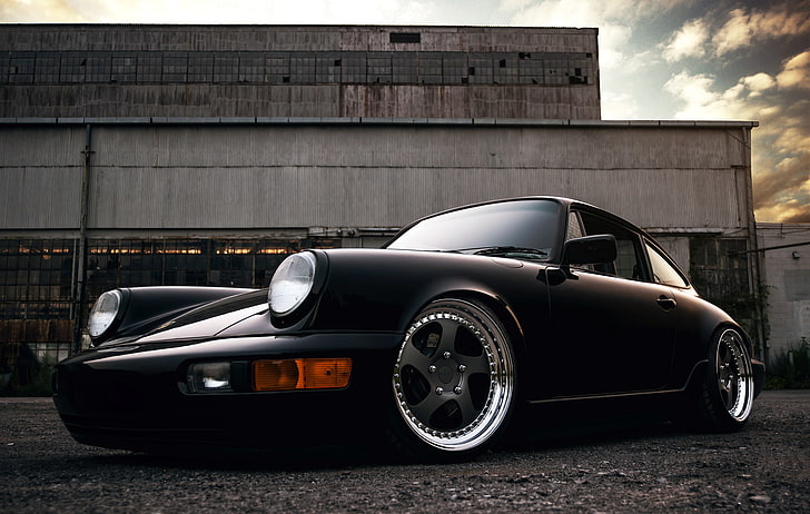 black coupe, 911, Porsche, black, front, 964, Carrera 2, HD wallpaper