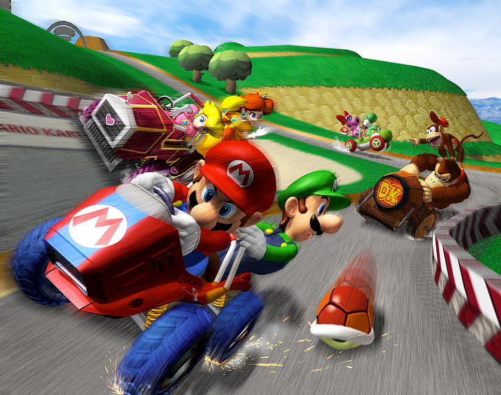 Mario, Mario Kart: Double Dash Bir, Birdo, Diddy Kong, Donkey Kong, Luigi, Princess Daisy, Princess Peach, Yoshi, Sfondo HD