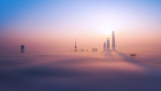 мъгла, сграда, Шанхай, HD тапет HD wallpaper