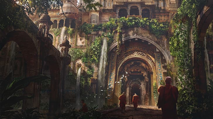 jalan, burung, India, kolom, lengkungan, arsitektur, biksu, buddah, oleh Eddie Mendoza, kuil Buddha, Wallpaper HD