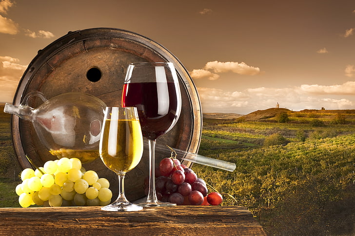 two clear wine glasses, clouds, wine, red, white, glasses, grapes, vineyard, barrel, HD wallpaper