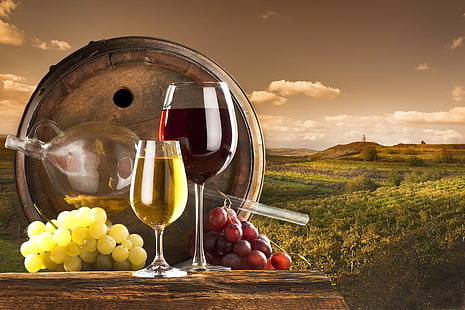 två klara vinglas, moln, vin, röd, vit, glas, druvor, vingård, fat, HD tapet HD wallpaper