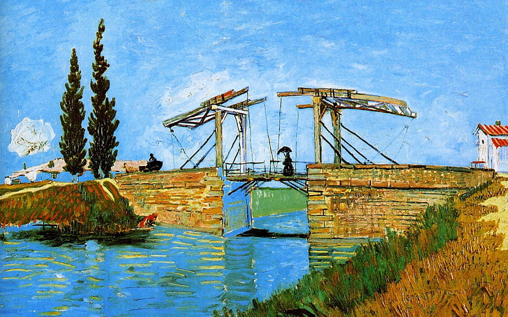 brown bridge painting, the sky, girl, trees, bridge, home, picture, channel, Vincent Van Gogh, Langlois Bridge At Arles With Women Washing, HD wallpaper