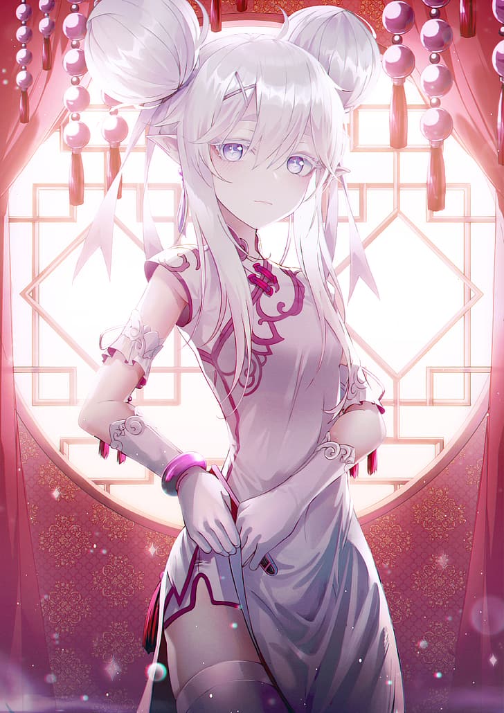 Chinese dress, pointed ears, thigh-highs, albino, bangles, bangs, blush, blushing, bracelets, Chinese clothing, closed mouth, buns, dress, folding fan, gloves, hair ornament, indoors, jewelry, long hair, purple eyes, silver hair, solo, white dress, white gloves, window, HD wallpaper