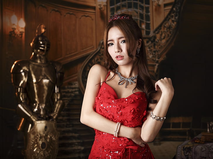 Vestito rosso ragazza asiatica, trucco, corona, gioielli, rosso, vestito, asiatico, ragazza, trucco, corona, gioielli, Sfondo HD