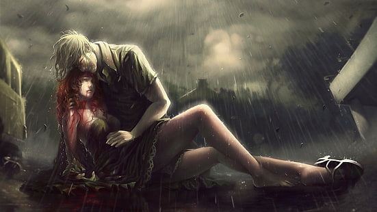 fictional woman lying on man's arm under rain wallpaper, artwork, fantasy art, rain, women, redhead, blood, death, love, people, men, HD wallpaper HD wallpaper