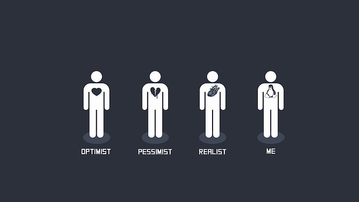 optimist, pessimist, realist, me illustration, Linux, humor, programmers, Tux, HD wallpaper