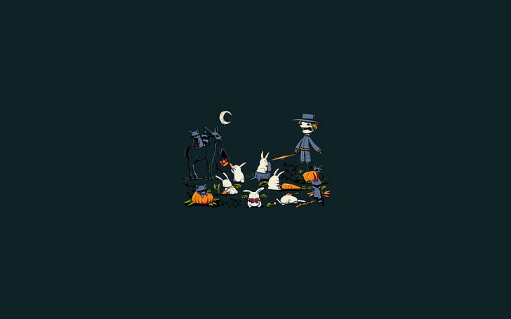rabbits and scarecrow illustration, simple, minimalism, carrots, rabbits, scarecrows, night, dark, Halloween, humor, HD wallpaper