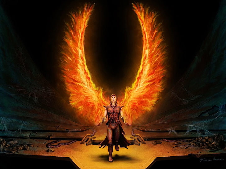 человек с красными крыльями аниме персонаж обои, фэнтези, ангел, HD обои