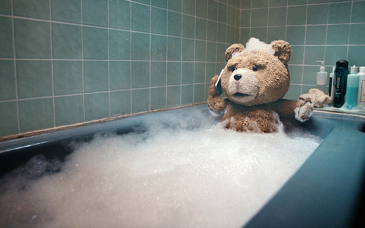 Ted screenshot, Ted on bath tub holding smartphone movie scene, Ted (movie), movies, teddy bears, HD wallpaper