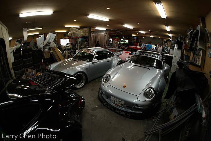 RWB, Porsche 911, garage, German cars, TunerCar, sports car, classic car, silver cars, HD wallpaper