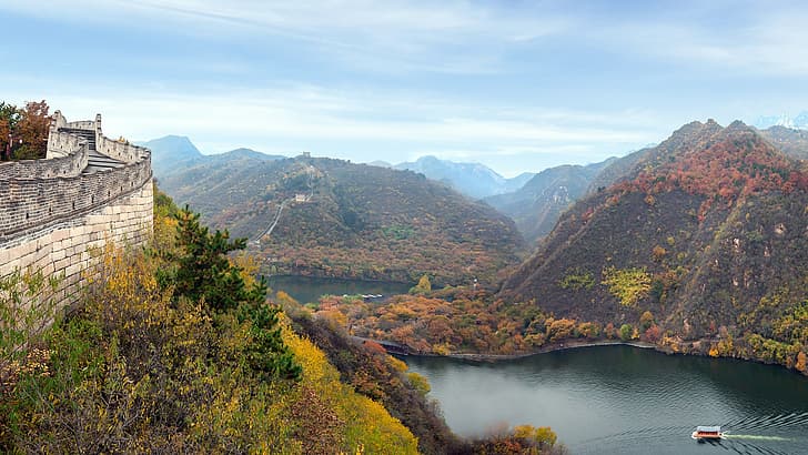 nature, landscape, plants, trees, forest, clouds, river, boat, fall, Great Wall of China, China, Beijing, HD wallpaper