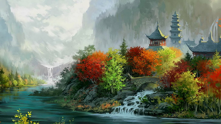 painting of pagoda and trees, river between trees artwork, artwork, painting, digital art, Asian architecture, house, tower, nature, landscape, river, bridge, waterfall, trees, forest, valley, mountains, fall, leaves, HD wallpaper