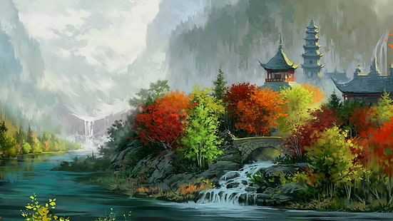 painting of pagoda and trees, river between trees artwork, artwork, painting, digital art, Asian architecture, house, tower, nature, landscape, river, bridge, waterfall, trees, forest, valley, mountains, fall, leaves, HD wallpaper HD wallpaper